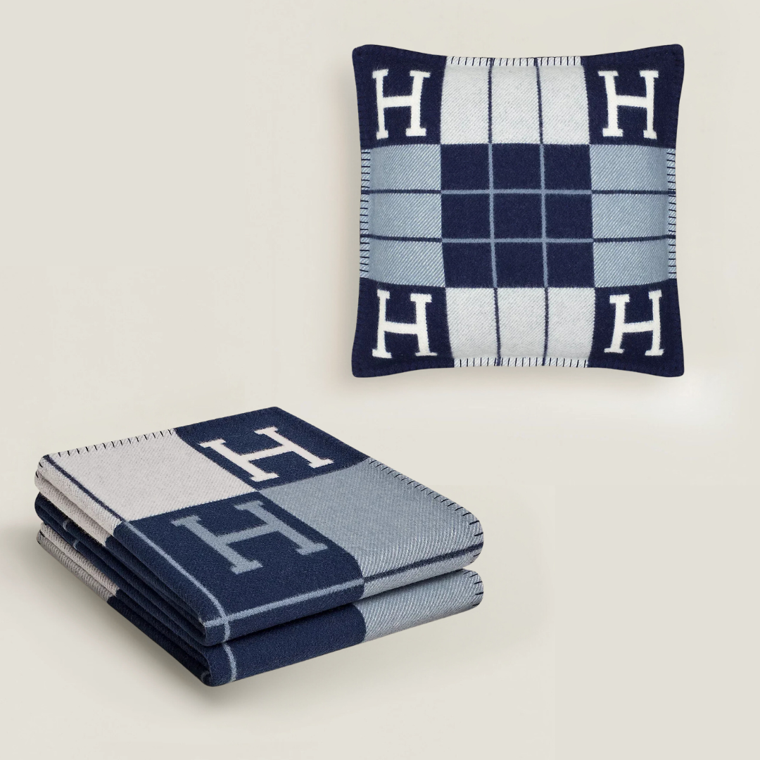 Hermès Avalon Throw Blanket + Pillow Case (Stripe Dark Blue)