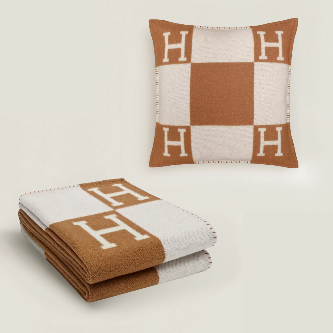 Hermès Avalon Throw Blanket + Pillow Case (Khaki Brown)