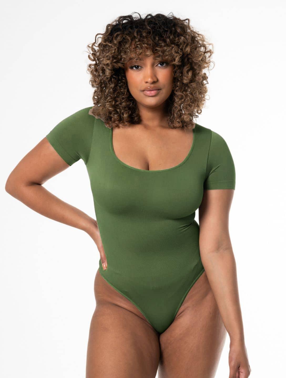 Square Neck Thong Bodysuit (Green)