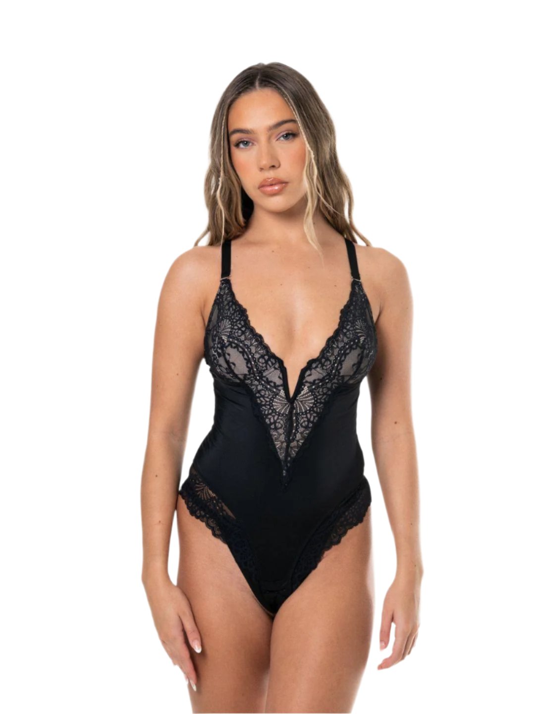 V-Neck Half Laced Bodysuit (Black)