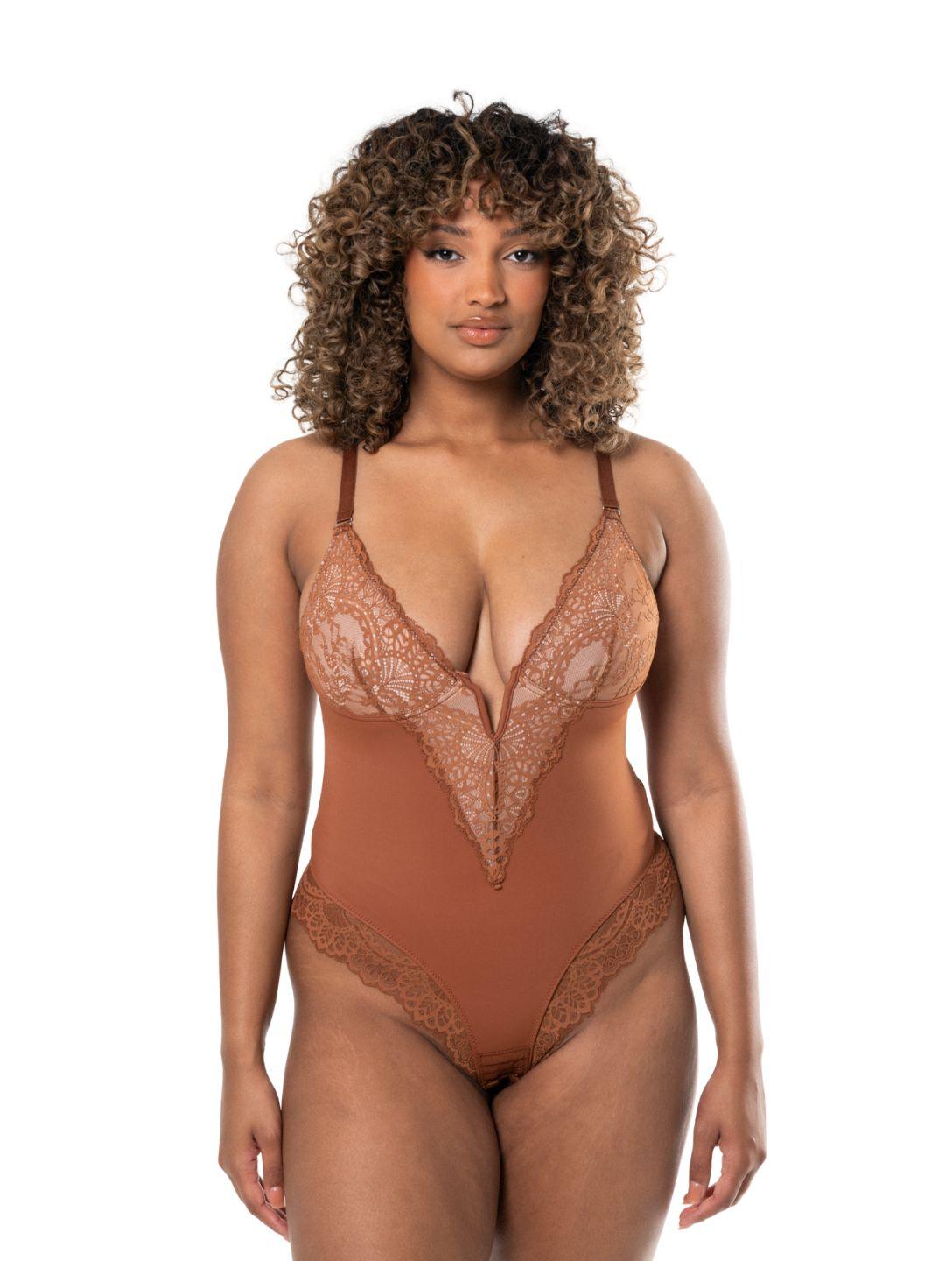 V-Neck Half Laced Bodysuit (Brown)