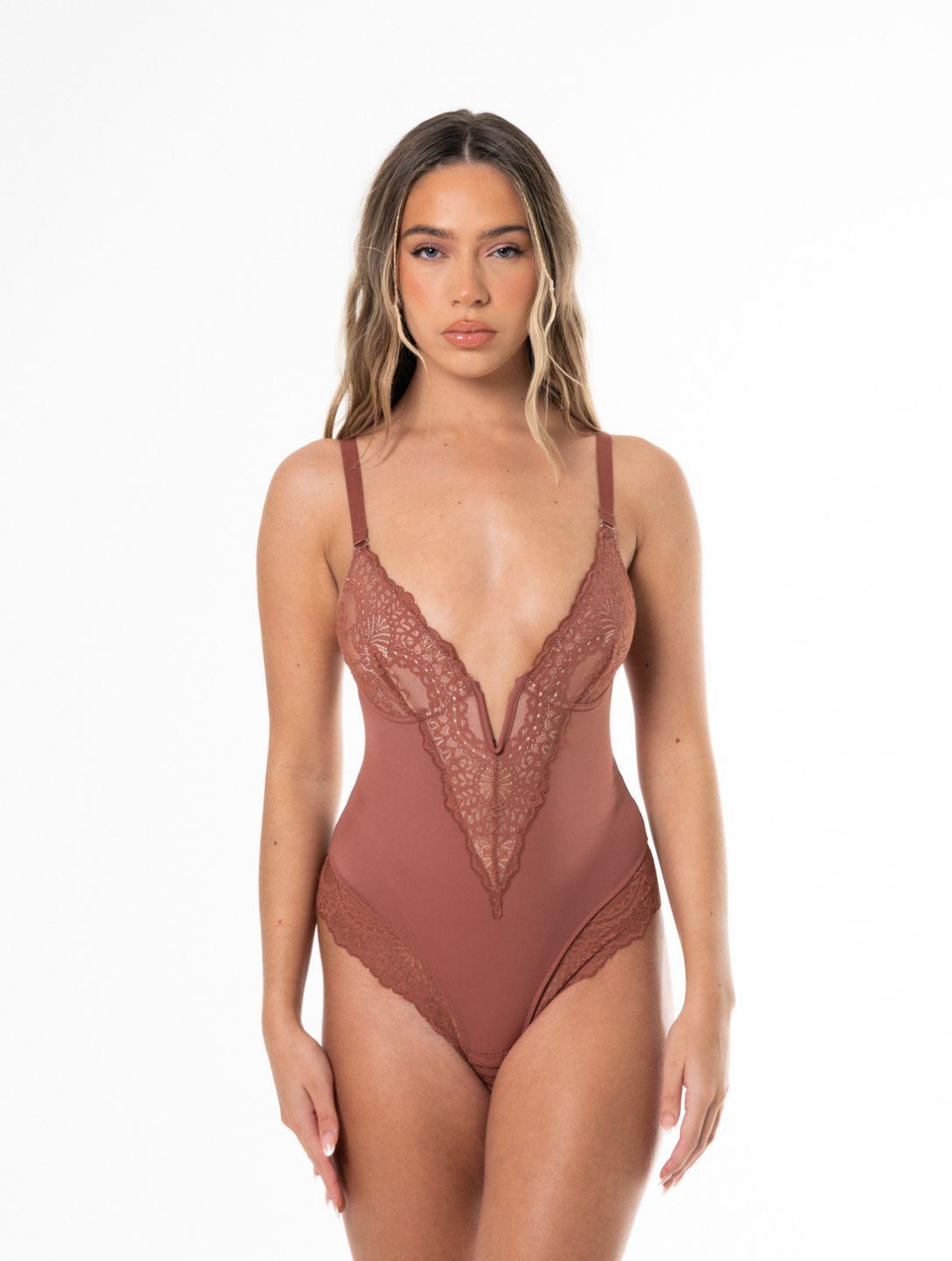 V-Neck Half Laced Bodysuit (Nude)