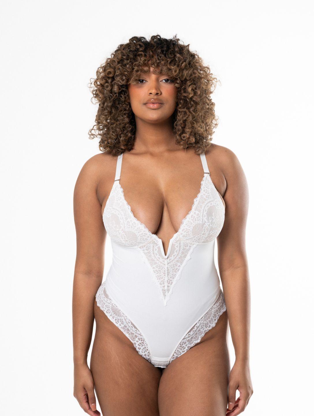 V-Neck Half Laced Bodysuit (White)